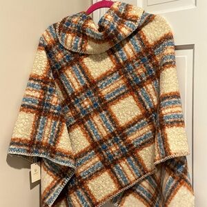 Women's Cape in Cream, Blue, and Orange/Caramel Plaid